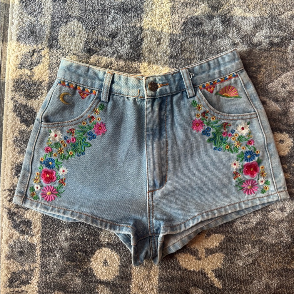 EUC Spell Flower Child Wanderlust Embroidered Denim Shorts